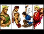  3boys blonde_hair bun_cover china_dress chinese_clothes chun-li column_lineup dougi dress guile hair_bun headband ken_masters multiple_boys muscle pantyhose pelvic_curtain ryuu_(street_fighter) street_fighter wlfeng 