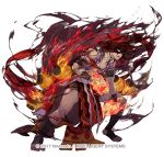  1boy abs attack black_fire body_markings copyright_notice dark-skinned_male dark_skin dragon_mask fake_hair fire fire_emblem fire_emblem_heroes flaming_hand glowing glowing_eyes male_focus muscular muscular_male muspell_(fire_emblem) muspell_(flame)_(fire_emblem) official_alternate_costume official_art orange_hair pelvic_curtain shawl smile so-taro solo sumo toned toned_male white_background 
