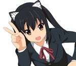  :d a1 animal_ears black_hair blazer cat_ears jacket k-on! nakano_azusa neck_ribbon open_mouth red_ribbon ribbon school_uniform simple_background smile solo twintails upper_body v 
