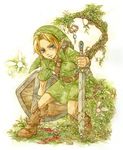  ano_(anomiya) bad_id bad_pixiv_id blonde_hair blue_eyes bottle fairy hat holding holding_sword holding_weapon left-handed link nature navi pointy_ears shield sword the_legend_of_zelda weapon young_link 