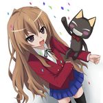  aisaka_taiga brown_eyes brown_hair cat crossover doko_demo_issho highres kuro_(doko_demo_issho) long_hair nyabe school_uniform solo thighhighs toradora! 