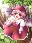  animal_ears branch from_above hand_on_own_chest hat leaf mystia_lorelei open_mouth pink_hair red_eyes short_hair solo touhou tree uzura_purin wings 