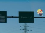  blonde_hair bow dress highres photo_background poland power_lines red_eyes road_sign rumia sign solo touhou 