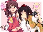  arm_holding ascot bad_id bad_pixiv_id black_hair blush bow brown_eyes brown_hair camera detached_sleeves hair_bow hakurei_reimu hat heart midriff multiple_girls navel pointy_ears sarashi shameimaru_aya shiwasuzuki short_hair spoken_blush spoken_heart tokin_hat touhou 