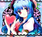  blue_hair bow chigo food food_as_clothes fruit hat heart hinanawi_tenshi long_hair multicolored multicolored_eyes peach smile solo touhou upper_body 
