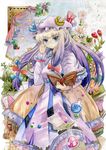  absurdres annoyed bad_id bad_pixiv_id bespectacled blonde_hair blue_eyes book crescent curtains flower glasses gradient_hair hat highres long_hair long_sleeves multicolored_hair paper patchouli_knowledge purple_hair ribbon solo star sxbzero test_tube touhou traditional_media 