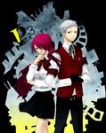  1girl armband bandages breasts gloves grey_eyes grey_hair hair_over_one_eye kirijou_mitsuru long_hair medium_breasts persona persona_3 pleated_skirt red_hair sakuya_(ks) sanada_akihiko school_uniform skirt vest 