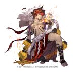  1boy abs body_markings burning_clothes copyright_notice damaged dark-skinned_male dark_skin dragon_mask fake_hair fire_emblem fire_emblem_heroes full_body hair_over_one_eye male_focus muscular muscular_male muspell_(fire_emblem) muspell_(flame)_(fire_emblem) official_alternate_costume official_art orange_hair pelvic_curtain red_eyes so-taro solo sumo toned toned_male white_background 