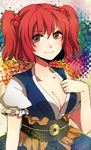  74_(teduka) breasts cleavage face hair_bobbles hair_ornament heart highres large_breasts obi onozuka_komachi red_eyes red_hair sash short_hair smile solo touhou two_side_up 