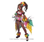  1girl bandeau bare_legs bare_shoulders black_shorts brown_hair camisole dark_skin eyeshadow fire_emblem fire_emblem_engage fire_emblem_heroes full_body jewelry long_hair looking_at_viewer makeup microskirt midriff navel neck_ring official_art ponytail shorts shorts_under_skirt simple_background skirt smile so-taro solo spaghetti_strap standing stomach thighs timerra_(fire_emblem) white_background 