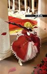  aestus_estus ahoge bad_id bad_pixiv_id blonde_hair breasts cleavage copyright_name dress epaulettes fate/extra fate_(series) flower green_eyes highres lightofheaven long_hair medium_breasts nero_claudius_(fate) nero_claudius_(fate)_(all) petals red_flower red_rose rose rose_petals see-through solo sword weapon 