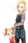  android_18 blonde_hair blue_eyes blush bunbun child dragon_ball dragon_ball_z earrings jewelry long_hair marron mother_and_daughter multiple_girls open_mouth pantyhose pencil_skirt short_hair skirt tsundere twintails 