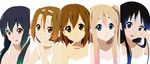  akiyama_mio bare_shoulders black_eyes black_hair blonde_hair blue_eyes brown_eyes brown_hair column_lineup dress hair_ornament hirasawa_yui k-on! kisuke_(akutamu) kotobuki_tsumugi long_hair multiple_girls nakano_azusa short_hair smile tainaka_ritsu twintails 