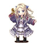  :d atelier_(series) atelier_rorona blonde_hair blue_eyes blush boots bow chibi coat cuderia_von_feuerbach dress frills full_body gun hair_bow handgun holding holding_gun holding_weapon jewelry long_hair long_sleeves nanaran necklace open_clothes open_coat open_mouth outstretched_arm pantyhose pistol simple_background smile solo standing two_side_up weapon white_background white_dress white_legwear 