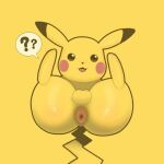 anus balls big_butt butt dulone feral fur generation_1_pokemon genitals looking_at_viewer lying male mammal nintendo open_mouth pikachu pokemon pokemon_(species) question_mark simple_background solo speech_bubble tail thick_thighs wide_hips
