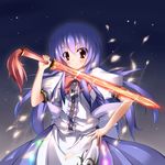  apron blue_hair bow dress embers hand_on_hip highres hinanawi_tenshi long_hair midoriiro_no_shinzou night petals red_eyes smile solo star sword sword_of_hisou touhou weapon 