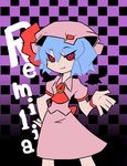  bad_id bad_pixiv_id bat_wings blue_hair checkered checkered_background highres hiyokichi panty_&amp;_stocking_with_garterbelt parody remilia_scarlet short_hair solo style_parody touhou wings 