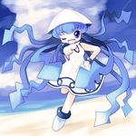 beach blue_eyes blue_hair day flat_chest hand_on_hip highres ikamusume one_eye_closed open_mouth pointing pointing_at_viewer shinryaku!_ikamusume solo tentacle_hair tentacles yume_shokunin 