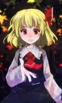  74_(teduka) beckoning blonde_hair face hair_ribbon hands highres looking_at_viewer open_mouth pov red_eyes ribbon rumia short_hair sketch smile solo touhou 