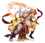  1boy abs attack body_markings copyright_notice dark-skinned_male dark_skin dragon_mask fake_hair fire_emblem fire_emblem_heroes flaming_hand grin hair_over_one_eye male_focus muscular muscular_male muspell_(fire_emblem) muspell_(flame)_(fire_emblem) official_alternate_costume official_art orange_hair pelvic_curtain red_eyes shawl smile so-taro solo sumo toned toned_male white_background 