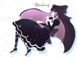  bad_id bad_pixiv_id bow cake dress eating food gothic_lolita leaf lolita_fashion long_hair multicolored_hair panty_&amp;_stocking_with_garterbelt purple_eyes purple_hair solo spoon stocking_(psg) striped striped_legwear thighhighs two-tone_hair 