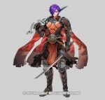  1boy armor asymmetrical_dual_wielding cape copyright_notice dual_wielding fire_emblem fire_emblem:_three_houses fire_emblem_heroes fire_emblem_warriors:_three_hopes full_body gauntlets grey_background hair_over_one_eye hiiragi_akio holding holding_sword holding_weapon looking_at_viewer male_focus multiple_swords official_alternate_costume official_art pelvic_curtain purple_eyes purple_hair shez_(fire_emblem) shez_(male)_(dual_sword_master)_(fire_emblem) shez_(male)_(fire_emblem) smile solo sword sword_behind_back tachi-e weapon weapon_behind_back 