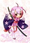  ahoge cherry_blossoms highres japanese_clothes kimono kohinomoto ninja oni original shiro_karasu_(hakua) solo sword thighhighs weapon 