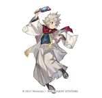  1boy copyright_notice dragonstone envelope fire_emblem fire_emblem_fates fire_emblem_heroes full_body grey_eyes hagoita holding holding_envelope japanese_clothes kana_(fire_emblem) kana_(male)_(fire_emblem) kana_(male)_(rising_dragon)_(fire_emblem) kimono looking_at_viewer male_focus official_alternate_costume official_art open_mouth paddle scarf simple_background smile solo spiked_hair tapioka_chaso white_background white_hair 