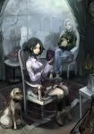  aqua_eyes bad_id bad_pixiv_id black_hair blue_eyes book boots dog flower food instrument katsuma_(perestronica) multiple_girls optical_illusion original silver_hair skull window 