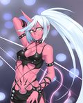  bracelet collar demon_girl fang glasses green_eyes horn houtengeki jewelry kneesocks_(psg) long_hair midriff navel panty_&amp;_stocking_with_garterbelt ponytail red_skin skirt solo spiked_bracelet spiked_collar spikes white_hair 