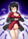  ahoge bad_id bad_pixiv_id black_hair blush breasts cleavage groin hands kuronyan large_breasts luciana_mazzei miyafuji_yoshika navel off_shoulder one_eye_closed panties panty_pull short_hair silhouette_demon strike_witches sweat underwear world_witches_series you_gonna_get_raped 