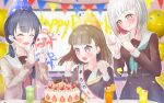  +_+ 3girls :d ^_^ aqua_neckerchief bairasu_02 balloon birthday birthday_cake birthday_sash black_bow blue_hair blue_hat blue_ribbon blurry blurry_background blush bob_cut bow braid brown_cardigan brown_dress brown_hair cake cardigan center-flap_bangs clapping clenched_hands closed_eyes closed_mouth colored_inner_hair commentary_request confetti cup diagonal_bangs dollchestra dress drinking_glass food fruit grey_hair hair_bow hair_ribbon hasu_no_sora_school_uniform hat highres in-universe_location indoors inverted_bob juice kachimachi_kosuzu lemonade link!_like!_love_live! long_hair long_sleeves looking_at_another love_live! low_twintails mole mole_on_neck multicolored_hair multiple_girls murano_sayaka neckerchief open_cardigan open_clothes open_mouth orange_juice party_hat pink_eyes plate pleated_dress red_eyes red_hair red_neckerchief ribbon sailor_collar sailor_dress school_uniform short_hair side_ahoge side_braids smile straight_hair strawberry strawberry_slice streaked_hair twintails virtual_youtuber white_sailor_collar winter_uniform yellow_hat yellow_neckerchief yugiri_tsuzuri 