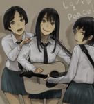  acoustic_guitar bad_id bad_pixiv_id bass_guitar black_hair grey_eyes guitar highres instrument multiple_girls nimirom original plectrum school_uniform skirt smile 