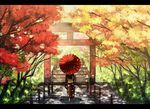  amemura_(caramelo) autumn bush from_behind japanese_clothes kimono leaf letterboxed nature oriental_umbrella original solo torii tree umbrella walking 