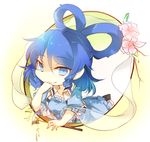  black_footwear blue_dress blue_eyes blue_hair chibi dress drill_hair flower frilled_dress frills hagoromo hair_ornament hair_ornament_removed hair_rings kaku_seiga kutsuki_kai pink_flower puffy_short_sleeves puffy_sleeves shawl shoes short_hair short_sleeves smile socks solo stick touhou twin_drills white_legwear 