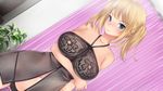  1girl black_panties blonde_hair blue_eyes breasts eyebrows_visible_through_hair flower_pattern jasmin_(negligee) large_breasts lingerie navel negligee negligee_(game) sidelocks smile twintails underwear 