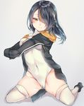  black_hair breasts emperor_penguin_(kemono_friends) full_body hair_over_one_eye headphones highres kemono_friends large_breasts leotard long_hair looking_at_viewer multicolored_hair navel orange_hair outstretched_arms simple_background sketch smile solo stretch takitou white_legwear white_leotard 