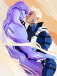  abstract_background alien angara armor biting_lip blonde_hair blue_eyes butt clothed clothing digital_media_(artwork) duo ear_piercing eyes_closed fully_clothed hair human human_on_humanoid humanoid jaal_ama_darav male male/male mammal mass_effect not_furry nude piercing purple_body scott_ryder steelsuit tattoo tongue tongue_out video_games 