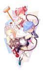  ahoge arrow blue_eyes blue_hair bow broom chain cosplay eyes_visible_through_hair gloves hair_bow hair_ornament hair_over_one_eye kaname_madoka kaname_madoka_(cosplay) lf magical_girl mahou_shoujo_madoka_magica miki_sayaka miki_sayaka_(cosplay) multiple_girls pink_hair ram_(re:zero) re:zero_kara_hajimeru_isekai_seikatsu red_bow red_eyes rem_(re:zero) revision short_hair siblings sisters thighhighs twins twintails weapon white_gloves white_legwear x_hair_ornament 