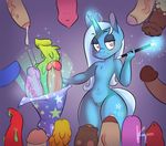  2017 anthro cutie_mark disembodied_penis equine female friendship_is_magic glowing group hair half-closed_eyes hat holding_object horn humanoid_penis jadedhyrt long_hair magic male mammal my_little_pony penis precum solo_focus trixie_(mlp) unicorn vein wand wide_hips witch_hat 