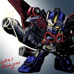  2017 artist_name autobot cannon commentary_request dated fighting_stance glowing gun headgear holding holding_weapon huge_weapon insignia kamizono_(spookyhouse) machinery mecha mechanical_wings no_humans optimus_prime robot solo transformers transformers_cybertron twitter_username weapon wheel wings yellow_eyes 