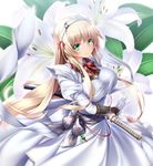  blonde_hair blush bow bowtie breasts cowboy_shot dress floral_background glint gloves green_eyes hairband juliet_sleeves katana large_breasts long_hair long_sleeves looking_at_viewer maid midoriiro_no_shinzou original puffy_sleeves red_bow red_neckwear sash sheath sidelocks smile solo sword taut_clothes taut_dress unsheathing weapon white_gloves 
