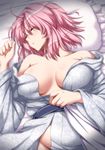  ahoge alternate_costume bangs bare_shoulders blush breasts breasts_apart collarbone commentary_request curvy frilled_pillow frills from_above groin japanese_clothes kimono large_breasts long_sleeves lying naked_kimono no_bra no_panties nori_tamago off_shoulder on_back on_bed open_clothes parted_lips pillow pink_hair saigyouji_yuyuko sash sleeping solo touhou upper_body wardrobe_malfunction wide_sleeves yukata 