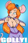 2017 anthro areola blue_eyes breasts chip_&#039;n_dale_rescue_rangers cleavage clothed clothing disney duckdraw eyewear female gadget_hackwrench goggles hair long_hair mammal mouse orange_hair rodent simple_background smile solo 