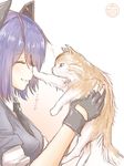  animal cat closed_eyes eyepatch gloves headgear holding holding_animal holding_cat kantai_collection necktie partly_fingerless_gloves purple_hair raayu_(0u_rayu) short_hair sketch smile solo tenryuu_(kantai_collection) translated watermark 