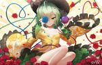  bai_yemeng blue_flower blue_rose bow breasts choker commentary_request eyeball flower green_eyes green_hair hat hat_bow heart heart_of_string komeiji_koishi navel rose short_hair small_breasts smile solo third_eye thorns touhou 