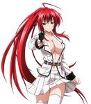  ahoge breasts cleavage collarbone floating_hair green_eyes gun hair_between_eyes high_school_dxd holding holding_gun holding_weapon jacket large_breasts long_hair looking_at_viewer navel open_clothes open_jacket pleated_skirt ponytail red_hair rias_gremory shiny shiny_skin skirt smile solo thighhighs transparent_background very_long_hair weapon white_jacket white_legwear white_skirt zettai_ryouiki 
