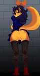  against_wall anthro anus breasts butt canine carmelita_fox clothing female footwear fox high_heels invalid_tag legwear looking_back mammal pussy shoes side_boob sly_cooper_(series) solo stockings unknown_artist upskirt video_games 