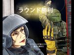  1girl :d arm_up bag black_gloves blue_eyes bulletproof_vest clothes_writing facepaint fingerless_gloves gameplay_mechanics gloves headset helmet load_bearing_equipment load_bearing_vest long_sleeves looking_to_the_side military military_operator military_uniform mira_(rainbow_six_siege) number open_mouth pocket pouch rainbow_six rainbow_six_siege ryuuichi_(f_dragon) smile tachanka_(rainbow_six_siege) translation_request uniform upper_body yellow_gloves 