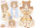  1girl 7010 animal_ears bear_ears bee blush breasts brown_eyes brown_hair bug commentary_request formal gloves hair_ornament idolmaster idolmaster_cinderella_girls insect kemonomimi_mode large_breasts looking_at_viewer mimura_kanako necktie open_mouth p-head_producer paw_gloves paws producer_(idolmaster) short_hair smile suit translation_request 